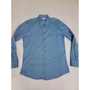 Cotton Doux Button Shirt Mens 42 16.5 Blue Green Geometric Micro Cotton Colorful